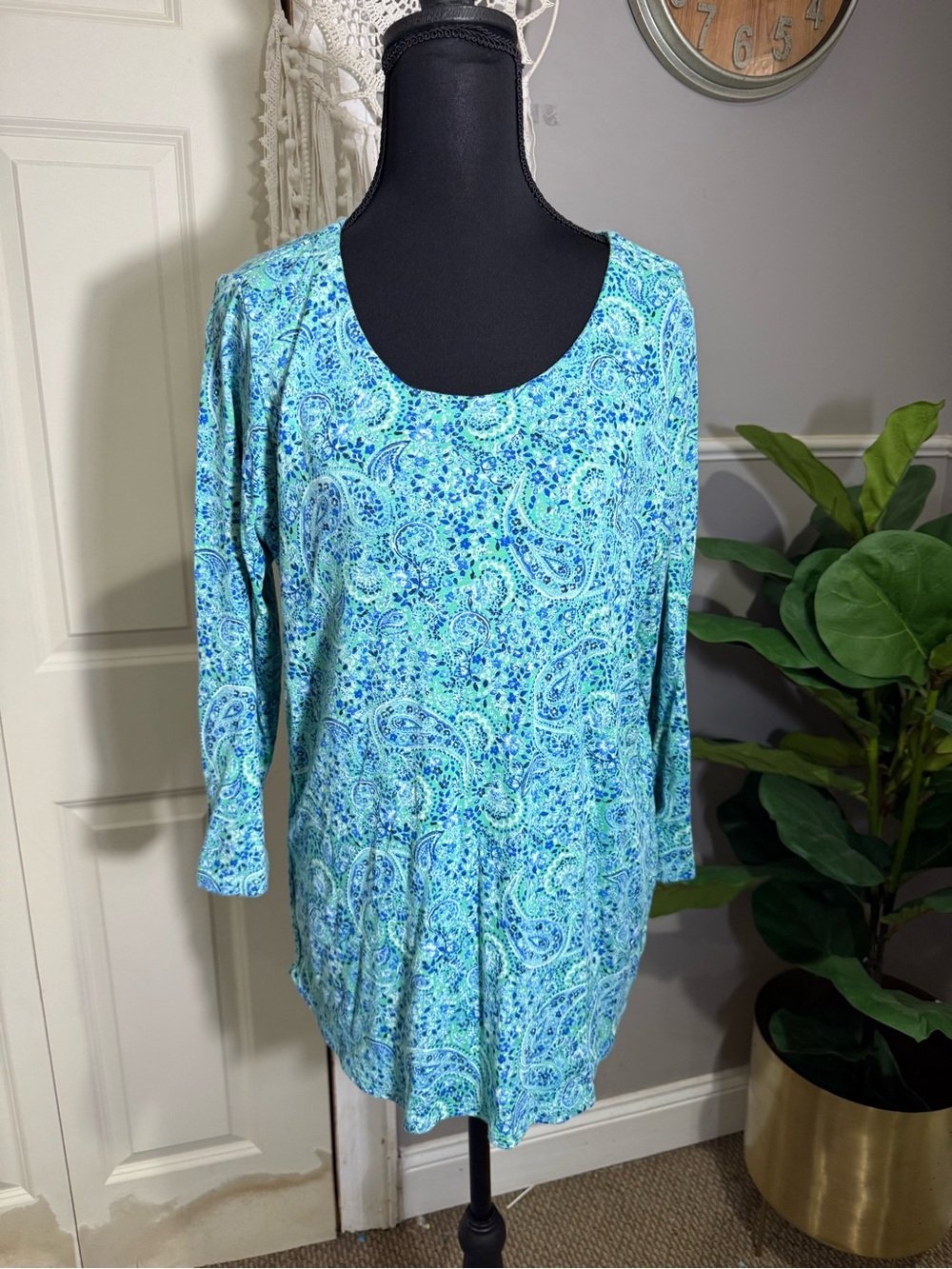 J. Jill Teal Paisley Long-Sleeve Scoop Neck Top cotton size large